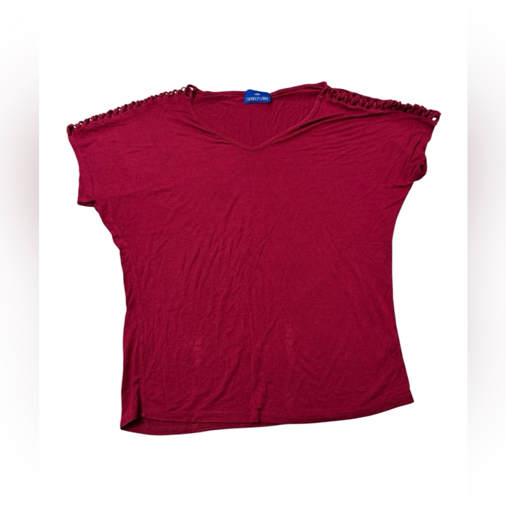 V-Neck Short Sleeve Top in Deep Berry Braid Sleeve Details Size Large